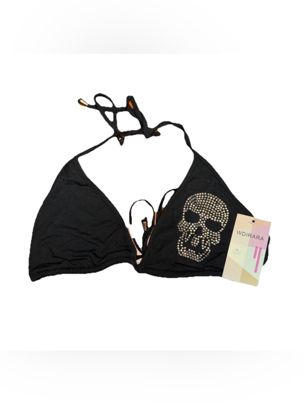 Skull Rhinestone Black Bikini Top Size XL / WDIRARA / Tie Neck And Back Goth NWT